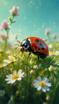 Image of beetles among flowers and grass, macro photo 2