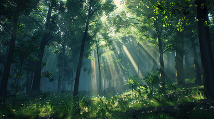 Obraz premium Behold the enchanting sight of sun rays filtering through the dense forest canopy in an AI-generated image