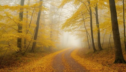 Obraz premium Beautiful, foggy, autumn, mysterious forest with pathway forward. Footpath among high trees with yellow leaves