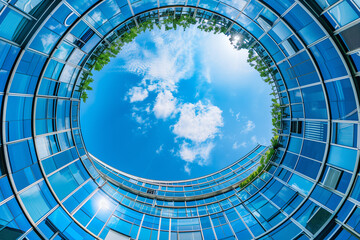 Skyward View of a Circular Office Complex with Reflective Glass Ceiling - 786906299