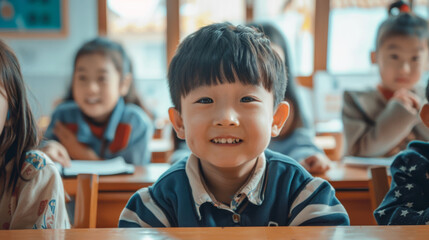 Happy young asian children are attending seriously a lesson in a classroom on back to school day in Asia