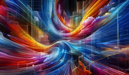 Colorful abstract painting with bright blue, orange, purple, and yellow hues.  
