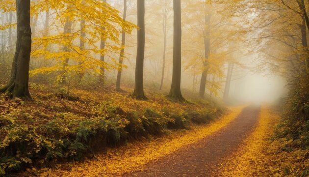 Beautiful, foggy, autumn, mysterious forest with pathway forward. Footpath among high trees with yellow leaves