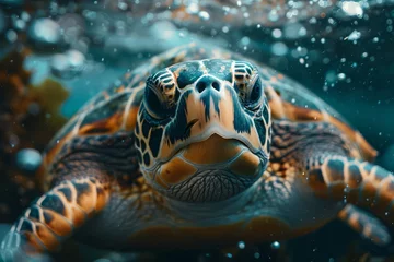 Foto op Plexiglas A majestic sea turtle swims through the clear ocean waters, with sunlight filtering through and casting a tranquil ambiance.. © bajita111122