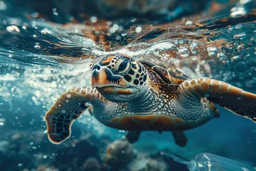 Foto op Plexiglas anti-reflex A majestic sea turtle swims through the clear ocean waters, with sunlight filtering through and casting a tranquil ambiance.. © bajita111122