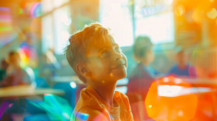 Portrait of a happy boy kid letting see a bright classroom in background for back to school day with a caucasian schoolboy - Powered by Adobe