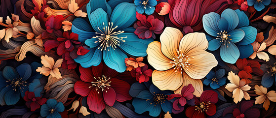 a many different colored flowers on a black background