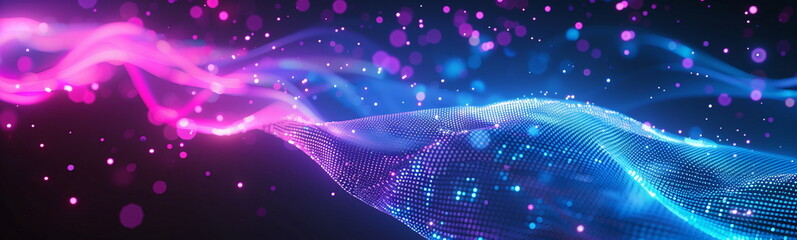 Neon light blue and purple abstract waves on black background. Copy space, panorama banner