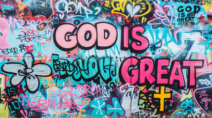 Street art graffiti wall positive bold quote GOD Is Great spray painted graf paint artist tag colorful backdrop cross city lord mural faith jesus christ religion church word background painting 