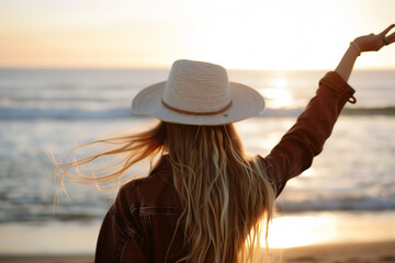 Carefree Woman with Wide-Brimmed Hat Enjoying Sunset on Beach - 786907070