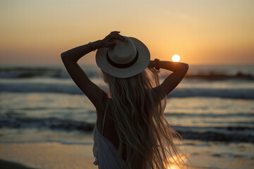 Serene Sunset Moment for Woman with Wide-Brimmed Hat and Long Hair - 786907260