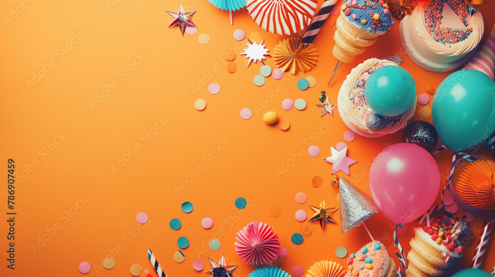 Poster frame of different party items and decorations with space for text on orange background, flat lay, c