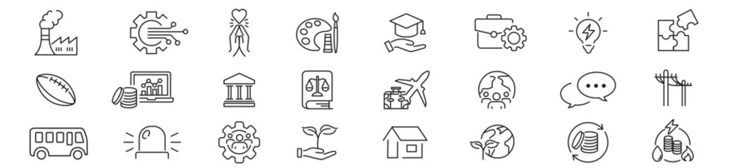 society icon set. technology education healthcare agriculture energy transportation speech justice art editable stroke line vector icons collection illustration