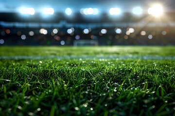 Vibrant Nighttime Soccer Stadium Scene with Lush Grass Field and Blurred Spectator Lights - obrazy, fototapety, plakaty