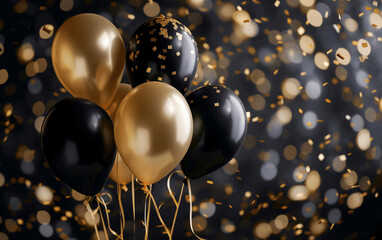 Golden Balloons with Glitter confetti, Dark Background with Copy Space party celebration