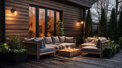 Terrace house with plants wooden wall and table comfortable sofa armchair and lanterns. Cozy space in patio or balcony. Wooden veranda with garden furniture. Modern lounge outdoors in backyard  - obrazy, fototapety, plakaty