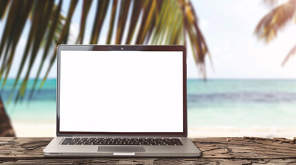 laptop with a clear white screen on a rustic wooden surface in a tropical beach setting 