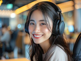 Call center, young women with earphones.