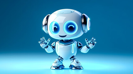 A robot with blue eyes and a smile is standing in front of a blue background