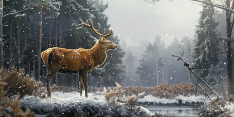 Deer in the snowy forest Surrounded by the beauty of nature.