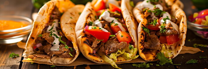 Grilled meat and vegetables in tortillas. Traditional national food. Panorama banner
