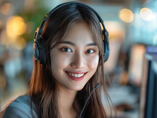 Call center, young women with earphones.