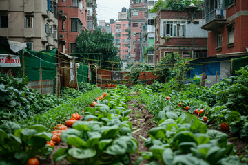 Fototapeta na wymiar An urban community garden flourishes with an array of raised vegetable beds, offering a green oasis in the heart of the city..