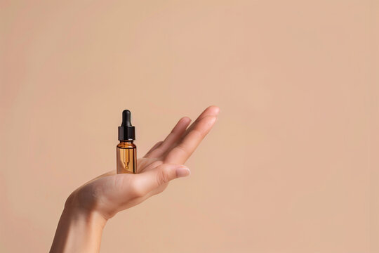 product photography, hand holding dropper bottle of serum with glass pipette above the skin, drops falling from it onto a beige background