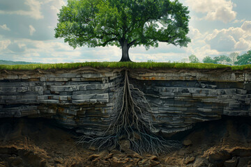 Cross-section illustration of a tree and its extensive root system, demonstrating the hidden strength and complexity beneath the surface..