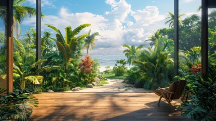 Fototapeta premium Coastal Comfort: Wooden Terrace with Relaxing Armchairs and Sea Background 