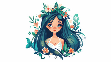 Cartoon beautiful little mermaid in a wreath. Siren.