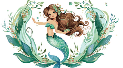 Obraz na płótnie Canvas Cartoon beautiful little mermaid in a wreath. Siren.