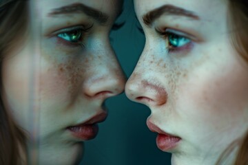 beautiful woman's face looks in the mirror with reflection