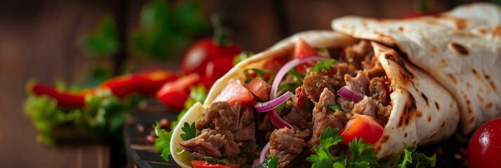 Roasted meat and vegetables in tortillas. Traditional national food. Panorama banner