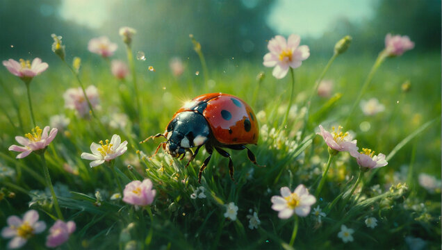 Image of beetles among flowers and grass, macro 4K photo 24