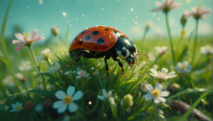 Fototapeta premium Image of beetles among flowers and grass, macro 4K photo 21