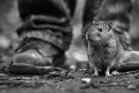 A cautious brown rat emerges from the urban shadows, navigating the rubble near worn-out boots, a testament to city wildlife adaptability.