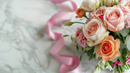 flower bouquet with roses and pink ribbon on marble table, celebration concept, copy space