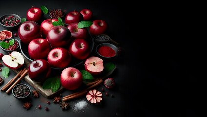 Red apples on dark wooden background Autumn harvest Flat lay Selective focus, generative ai