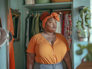 Body Positive Concept: Plus Size Woman Choosing Clothes in Home Wardrobe. Overweight Young Woman Holding Hangers with Blouses, Contemplating Fashion Choices in Front of Mirror