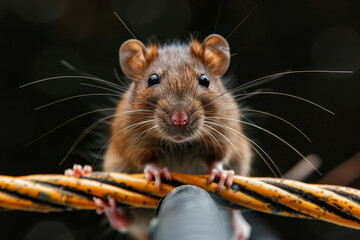A close-up of a rat balancing on a maze of electrical wires, showcasing its adaptability to the urban jungle.