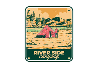 River side camping. Vintage outdoor illustration badge