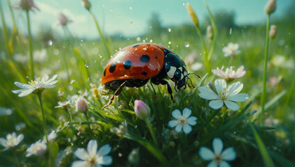 Image of beetles among flowers and grass, macro 4K photo 8