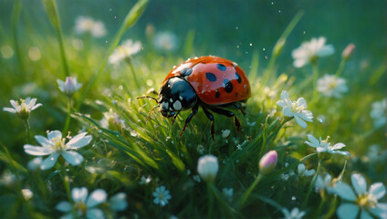 Fototapeta premium Image of beetles among flowers and grass, macro 4K photo 2