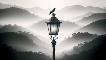 In a minimalist black and white style, A detailed image of an antique, weathered streetlamp with a single raven perched atop.