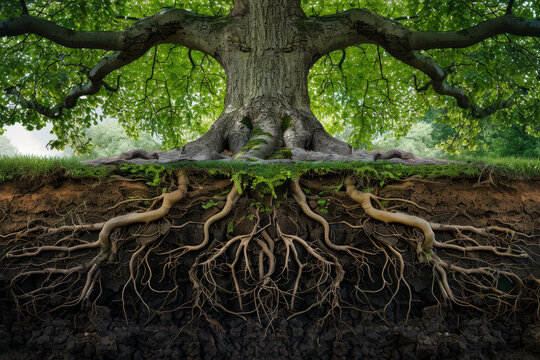 Cross-section illustration of a tree and its extensive root system, demonstrating the hidden strength and complexity beneath the surface.