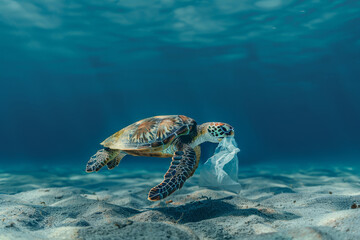 Sea Turtle Amongst Ocean Plastic Pollution
