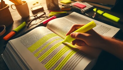 A close-up of a person's hand underlining key sentences in a thick textbook with a bright yellow highlighter.