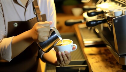 A close-up of a barista's hands professionally pouring steamed milk into a cup of coffee, demonstrating care and precision in service.