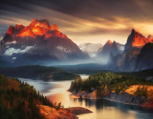 Amazing autumn sunset in alps mountains. - obrazy, fototapety, plakaty